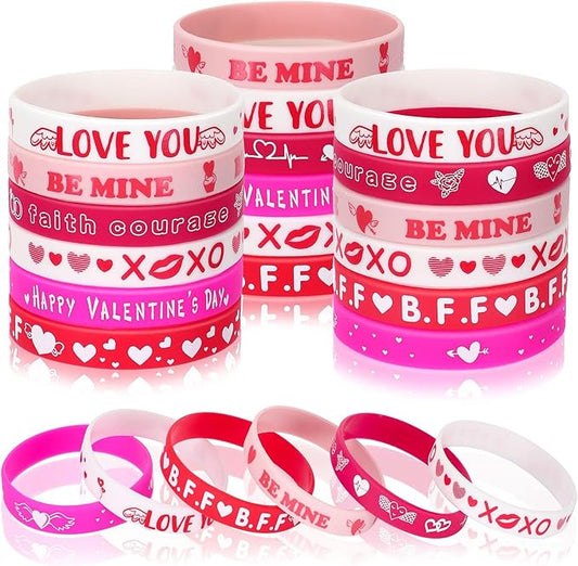 JUNEBRUSHS 42pcs Valentine's Day Party Favors Silicone Bracelets Pink Red Love Heart Rubber Wristbands Accessories for Adults Valentine's Day Party Decorations Gift (6 Designs)