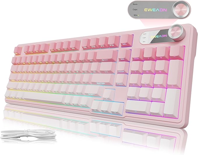 V102 Wired Keyboard, 98 Keys Creamy Gaming Keyboard with Number Pad, Display Screen & Media Knob RGB Silent Wired Cute Computer Keyboard for Laptop PC Gamer - Gradient Pink