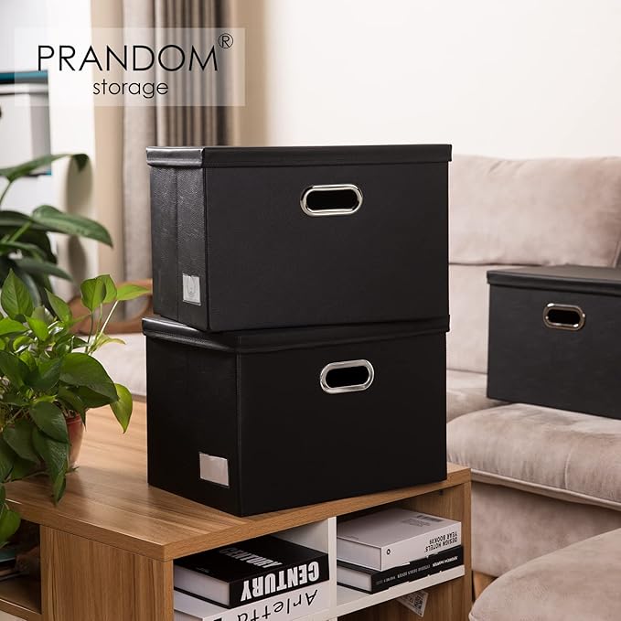 PRANDOM Large Stackable Storage Boxes with Lids [5-Pack] Leather Fabric Foldable Storage Bins Organizer Containers Baskets Cubes with Cover for Bedroom Closet Office Nursery Black(17.7x11.8x11.8)