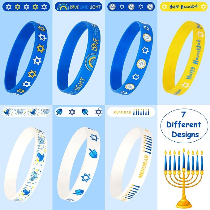 JUNEBRUSHS 42Pcs Hanukkah Party Favors Silicone Bracelets Rubber Chanukkah Wristbands Supplies for Adults Hanukkah Decorations Accessories Goodie Stuffers Fillers(7 Designs)