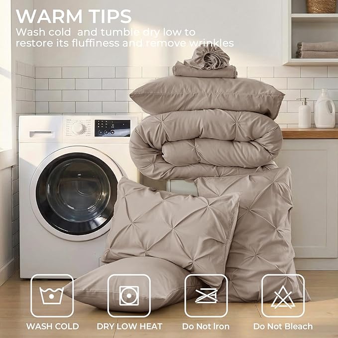 Sasttie Queen Comforter Set, 7-Piece Bed in a Bag, Pintuck Bedding Sets for All Season, Includes Comforter, Flat Sheet, Fitted Sheet, Pillowcases and Pillowshams, Dark Linen