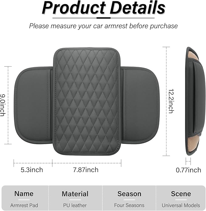 Amiss Car Center Console Cover, Upgraded Leather Car Armrest Cushion with 2 Storage Pockets, Universal Waterproof Cushion Pad, Non-Slip Car Interior Accessories, Fits Most Sedans SUVs Trucks (Gray)