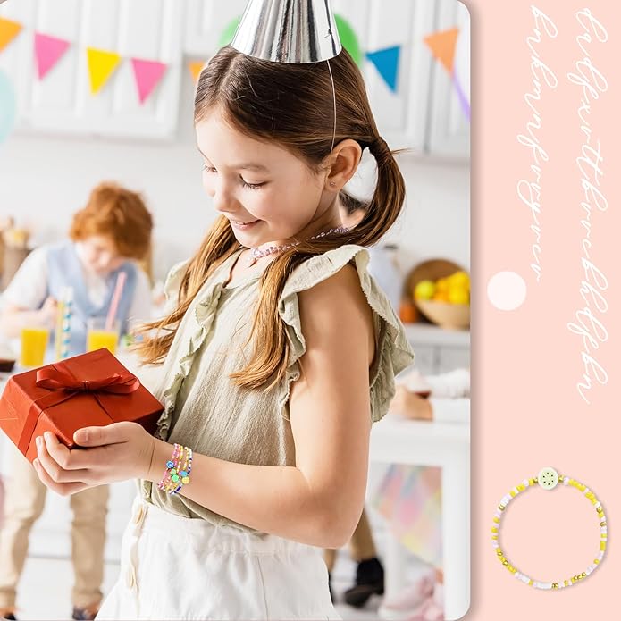 60 pcs Colorful Kids Friendship Bracelet Sets, Stackable Elastic Cute Beaded Bracelets Princess Pretend Play Bracelet Preppy Bracelets Bulk Set for Women Gift