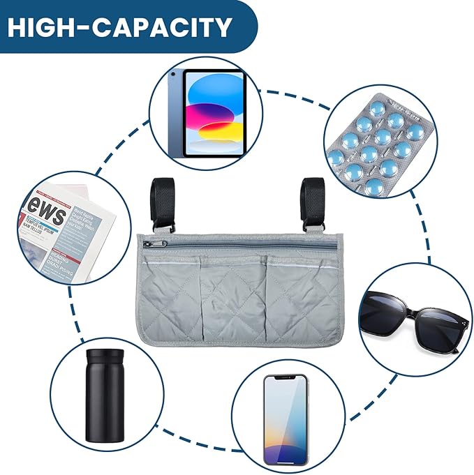 2 Pack Wheelchair Side Bag, Armrest Pouch with Reflective Stripe, Detachable Rollator Bag Wheelchair Pouch Side Pocket Organizer Bags for Wheelchairs, Walkers or Rollators (Black Gray)