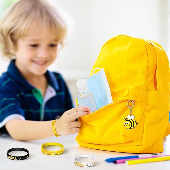 48 Pieces Cute Bee Keychain Bee Rubber Bracelets Bee Birthday Party Favors Honey Bee Silicone Wristband Bee Party Decorations for Birthday Supplies