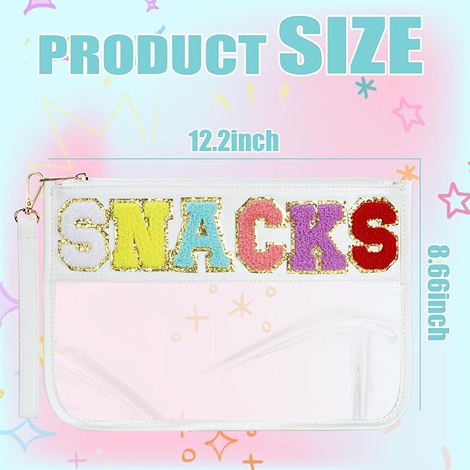 BuyCard Clear Snack Bag for Travel, Varsity Chenille Letter Patch Flat Pouch with Zipper, Preppy Makeup Bags, Waterproof PVC&PU Cosmetic Toiletry Bag for Women Girls, White