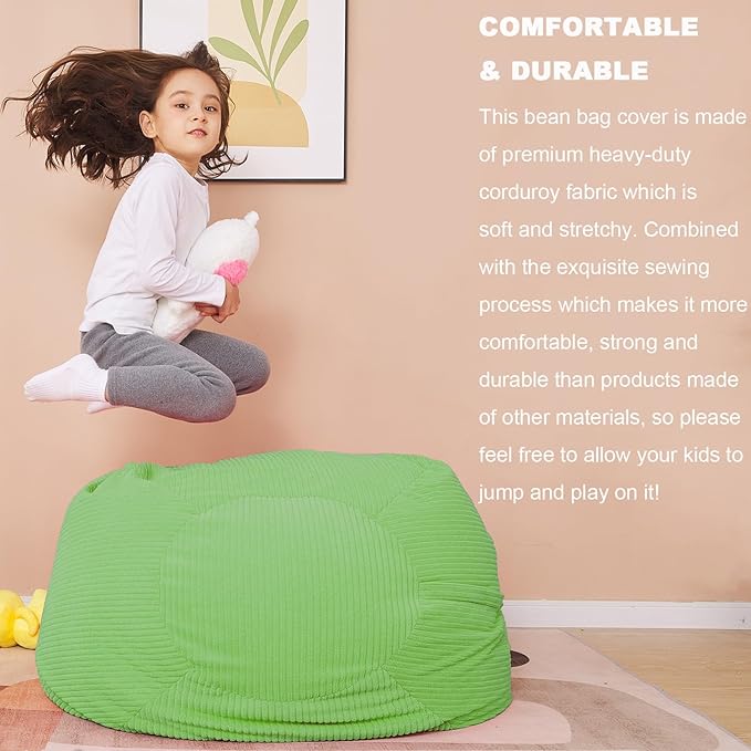Stuffed Animal Storage Bean Bag Chair Cover for Kids, 38" Beanbag Chairs Cover Plush Toys Organizer Super Soft Corduroy with Handle and Zipper for Boys and Girls - Green