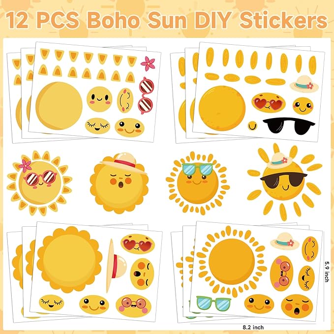 Erweicet Boho Sun Party Favors 72 PCS Sunshine Slap Bracelet Boho Rainbow Temporary Tattoos DIY Stickers Keychain Plastic Straws Gift Bags for Kids Sun Theme Birthday Party Baby Shower