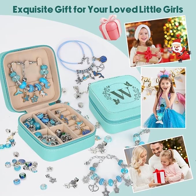 Charm Bracelet Making Kit, Kid Jewelry Making Kit for Girls 8-12, Unicorn Craft Kits for Teen Girls Toys Ages 3-10 Years Old Girl Gifts Trendy Stuff Birthday Christmas Gift with Initial Jewelry Box- W