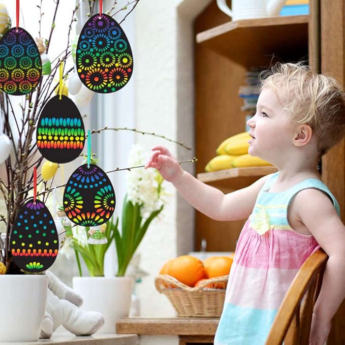 Koogel Easter Egg Scratch Art Set, 36 PCS Rainbow Scratch Art Mini Notes with Colorful Ribbon and Wooden Stick Crafts for Kids Party Favor Easter Decor Tree Decor