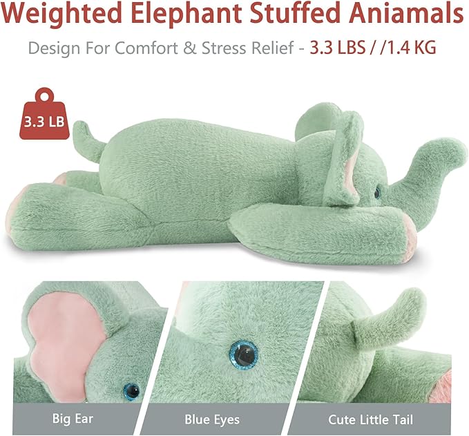 Niuniu Daddy 20" | 3.3 Pound Elephant Weighted Stuffed Animals, Large Pillowfort Plush Animal Toys for Kids Adults, Large Body Pillow for Gifts Presents Birthday Christmas Holiday
