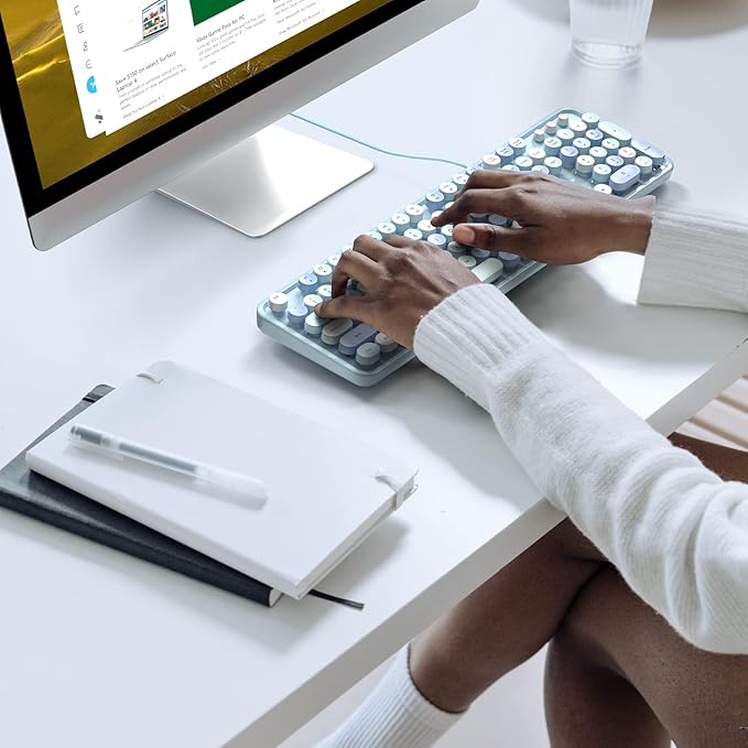 Computer Keyboard Wired, Plug Play USB Retro Round Typewriter Keyboard, Full Size Wired Keyboard with Foldable Stands for Laptop and Office PC - Blue Colorful