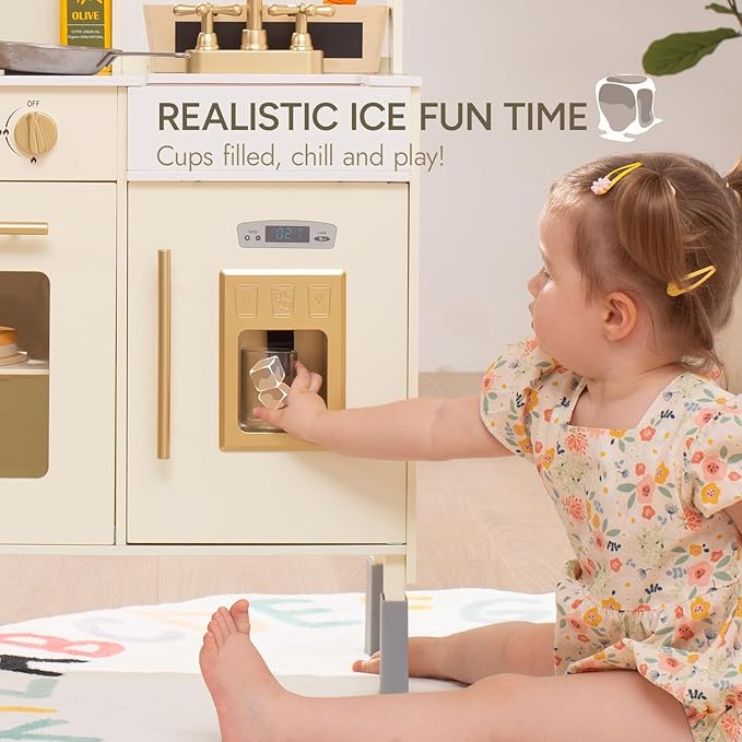 Giant bean Wooden Play Kitchen, Toddler Kitchen Playset, with Microwave Play Sink Ice Maker Oven Cookware Accessories Playset, Pretend Play Food Toys for 3+ Year Old Boys Girls