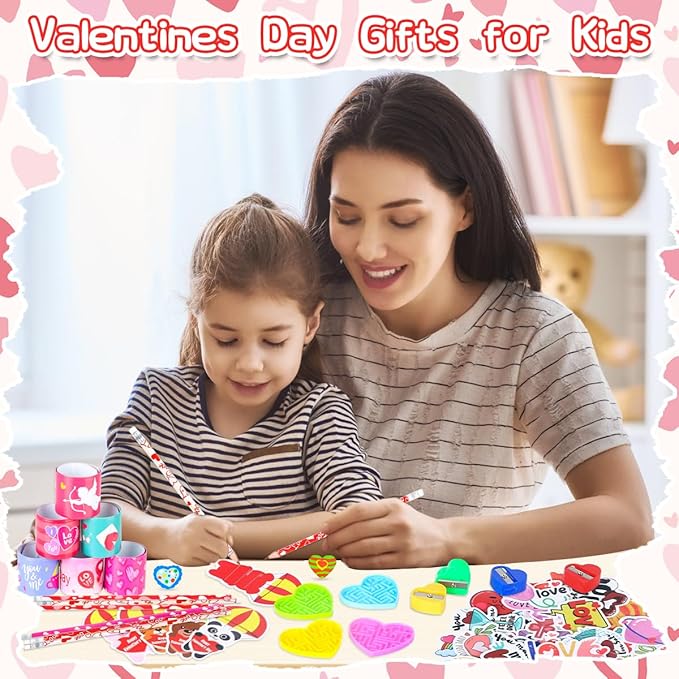 28 Pack Valentines Day Gifts for Kids Classroom, 222 PCS Valentines Exchange Party Favors Toys with Pencils, Erasers, Stickers, Cards, Slap Bracelets, Mazes, Assorted Valentines Stationery Kit