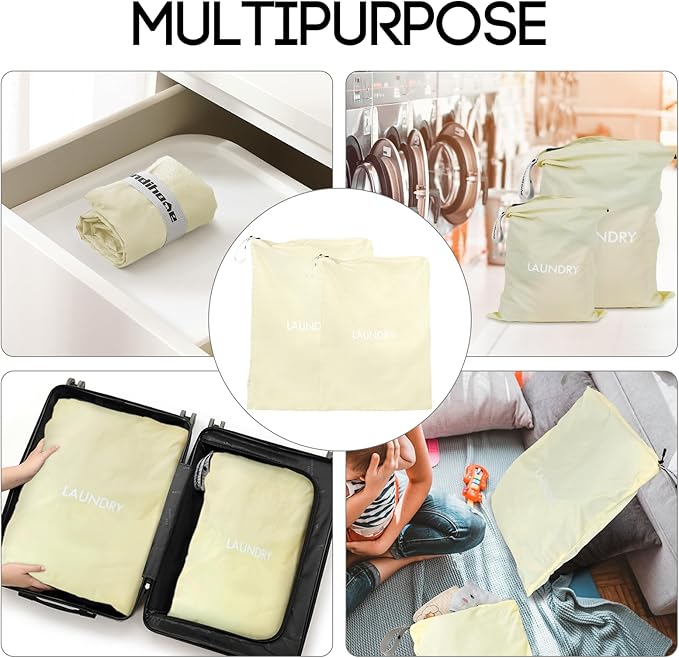 Travel Laundry Bag (2 Pcs - Large + Medium) - Foldable Waterproof Washable Wet Dry Bag for Gym, Swimming, Yoga, and Workout Perfect for Dirty Clothes, Bathing Suits, Travel Accessories (Beige)