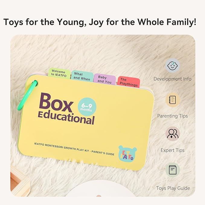 IEATFO Montessori Toys for Babies 6-9 Months, 7-in-1 Wooden Playful Learning Toys with Rainmaker, Multi Sensory Ball, Object Performance Box, Stacking & Nesting Rings, Mirro Knob Puzzle and More