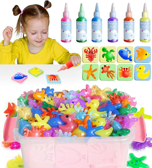 Hrsqu Magic Water Elf Toy Kit - Aqua Elf Water Gel Kit - 100ml Large Capacity Water Fairy Kits with 8 Marine Animals Molds, Christmas Gifts for Kids Birthday Gifts Party Favors (6 Colors)