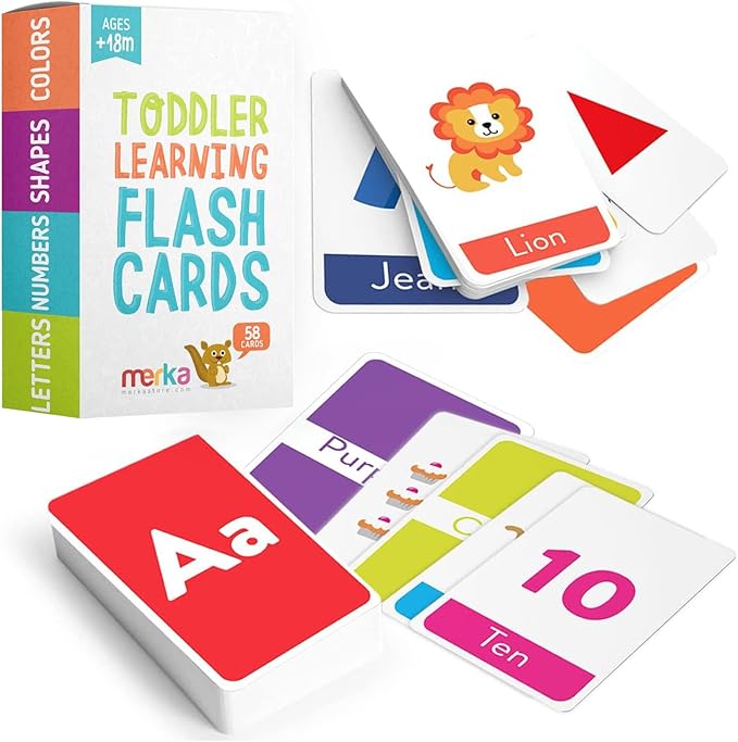 merka Toddler Flash Cards, Set of 64 Alphabet, Letters, Colors, Shapes and Numbers, Baby Learning Cards, Educational, Preschool, Toddler Flashcards, Double-Sided, for Toddlers 1-4 Years