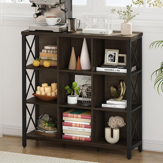 FATORRI 9 Cube Storage Bookshelf, Modern 4 Shelf Book Shelf, Wood and Metal Cubby Bookcase for Home Office (39.38 Inch W, Walnut Brown)