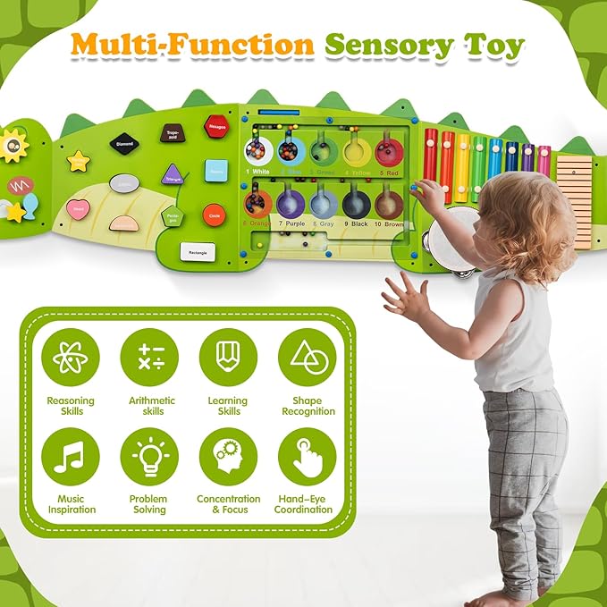 Weihnacht Crocodile Activity Wall Busy Board Panels,11-in-1 Montessori Sensory Toys, Toddler Learning Activity Center,Wooden Learning Toy Ideal Furniture for Playroom & Children's Daycare