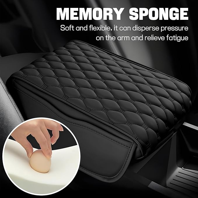 wuyaoyao Car Center Console Cover, 12.13"×8.66"×3.74" Leather Car Armrest Cover with with 2 Side Pockets, Memory Foam Soft Auto Armrest Cushion Pad, Universal Vehicle Arm Rest Protector (Black)