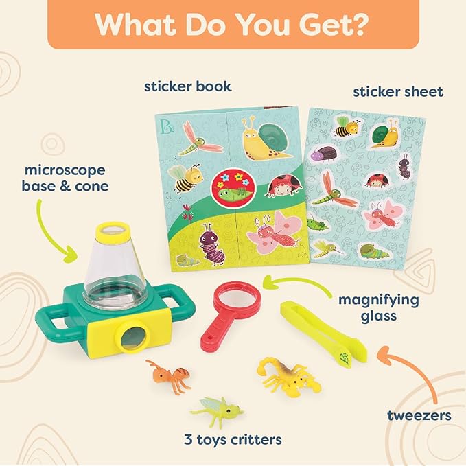 B. toys – 9pc Toy Microscope Set – Sticker Book – Magnifying Glass & Tweezers – 3 Toy Bugs – 4 Years + – Little Explorer Pack