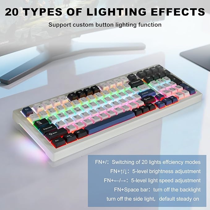 Wireless Mechanical Keyboard BT5.0/2.4GHz/USB, Multi-Color LED with 18+ Modes, Hot-Swappable Custom Keyboard, Red Creamy Switches, Gaming Keyboard for PC/Mac (Blue White)