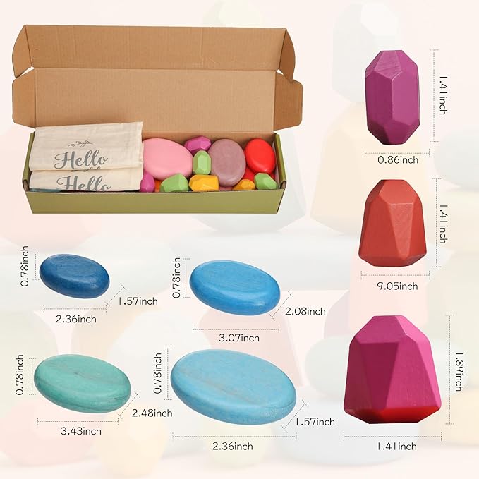 OESSUF Stacking Rocks 26Pcs Stacking Blocks Balancing Stacking Stones Wooden Building Toys Wood Stone Stacking Game for Toddler Sorting Preschool Educational Montessori Stacking Rocks for Kids