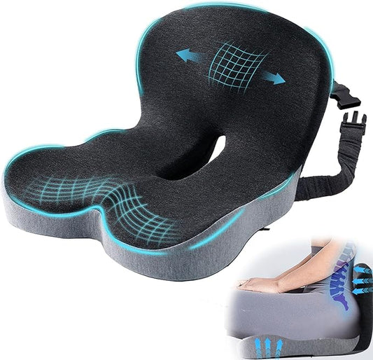 Ergonomic Seat Cushion with Adjustable Strap, Memory Foam Office Chair Seat Cushion with L-Shaped Design, Car Seat Cushion Fits for Truck Driver Semi Truck, Gaming Chair, Desk, Light&Dark Gray