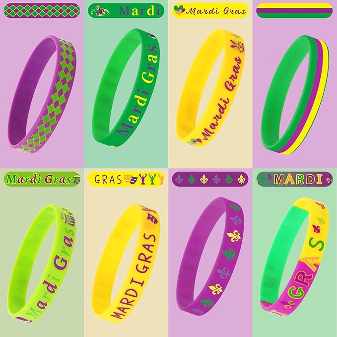 JUNEBRUSHS 24Pcs Mardi Gras Silicone Rubber Wristbands Bracelets for Mardi Gras Carnival Birthday Party Favors Supplies Decorations Goodie Bag Stuff Fillers (8 Designs)