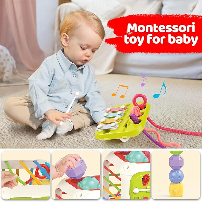 5 in 1 Montessori Baby Toys for 3+ Year Old - Sensory Bins Toys, Travel Pull String Toy & Shape Sorter & Stacking Building Blocks & Suction Cup Spinner Toys, Birthday for Baby