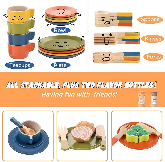 GAGAKU Wooden Play Food Sets for Kids Kitchen,Montessori Wooden Play Food Toys Play Plates and Dishes for Kids Wooden Play Kitchen Accessories Play Dishes for Toddler Boys Girls Gifts