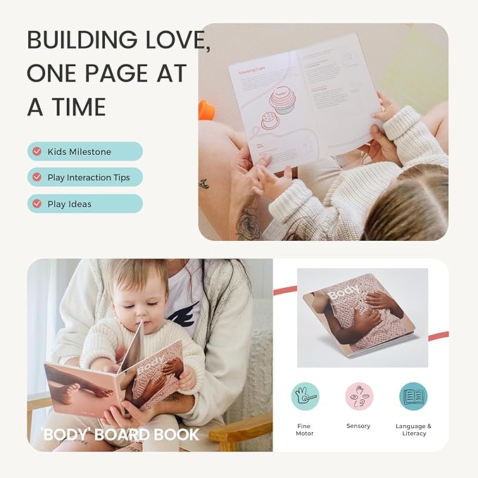 Tiny Land Montessori Toy Set for Babies 7-9 Months Senser Play Kit - 5-in-1 Wooden Learning Toys with Object Permanence Box, Sensory Ball, Stacking Cups and Mirror Puzzle,Body Board Book