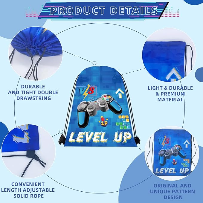 122Pcs Video Game Party Favors, Gamer Party Favors for Boys Includes 13 x 11 Inch Video Game Party Drawstring Bags Bracelets VIP Passes with Lanyards Keychains Tattoo Stickers for Gaming Party Favors