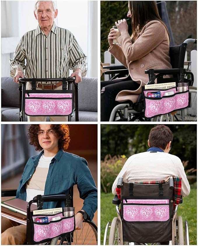 Wheelchair Side Storage Bag Valentine's Day Pink and White Abstract Love Heart Texture Armrest Pouch with Cup Holder and Reflective Strip Wheelchair Accessories Organizer Bags for Walkers Rollator
