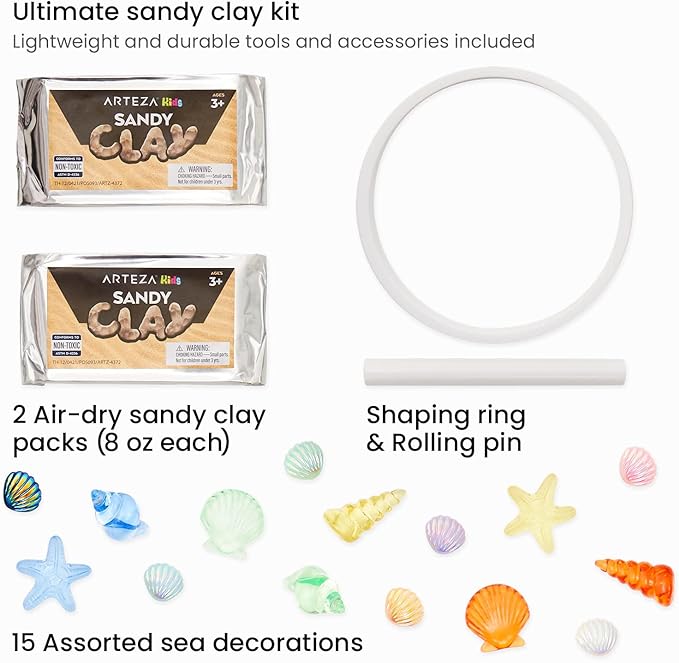 Arteza Kids Air-Dry Modeling Clay Kit, 2 x 0.8-oz Packs, Handprint and Baby Footprint Kit, Paw Print Keepsake, with Sandy Clay Tools and Accessories for Kids’ Crafts and Sensory Play