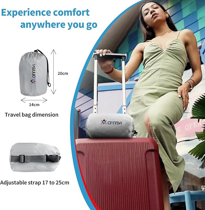Inflatable Travel Seat Cushion with Built-in Pump & Carry Bag (Blue Cushion with Silver Storage Bag)