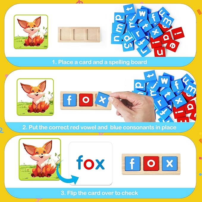 KMUYSL CVC Word Spelling Games, Wooden Learning Activities Toys, Educational Montessori Toy for 2 3 4 5 Years Old Toddlers Kids Boys and Girls, Flash Cards Sight Words for Kindergarten Preschool