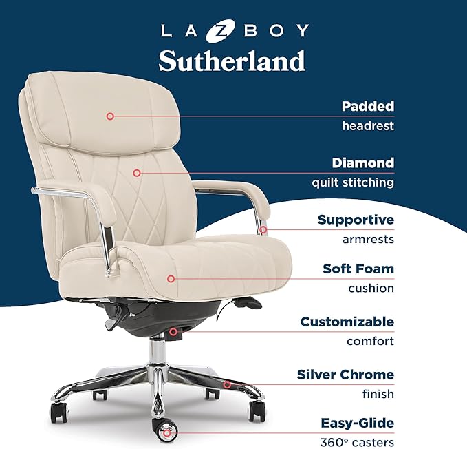 La-Z-Boy Sutherland Quilted Leather Executive Office Chair with Padded Arms, High Back Ergonomic Desk Chair with Lumbar Support, Ivory White Bonded Leather