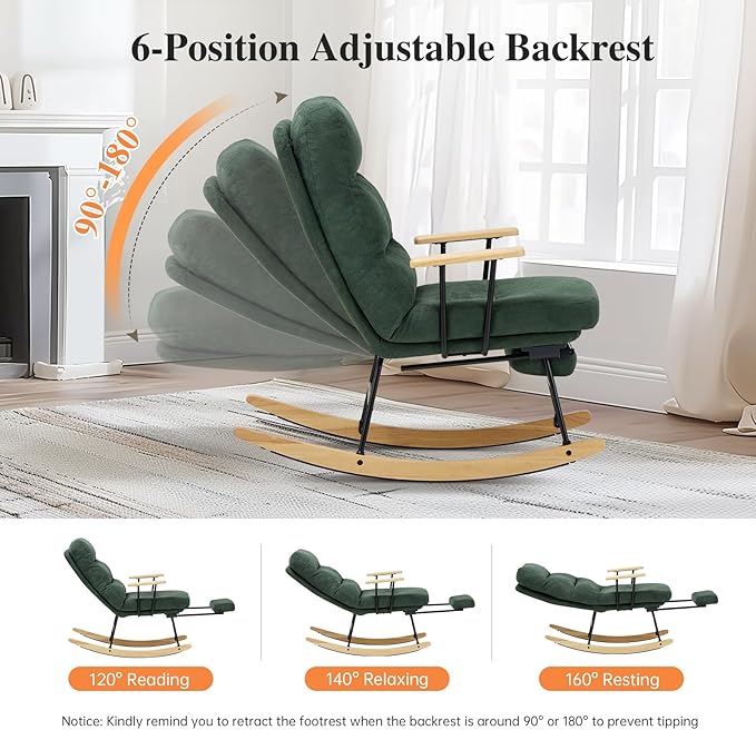 Rocking Chair with Footrest-Glider Rocker Chair with Retractable Footrest and Adjustable Backrest, Teddy Upholstered Rocking Chair, Modern Accent Chair for Living Room/Nursery/Bedroom/Outdoor-Green