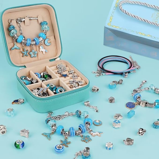 Charm Bracelet Making Kit, Kid Jewelry Making Kit for Girls 8-12, Unicorn Craft Kits for Teen Girls Toys Ages 3-10 Years Old Girl Gifts Trendy Stuff Birthday Christmas Gift with Initial Jewelry Box-H