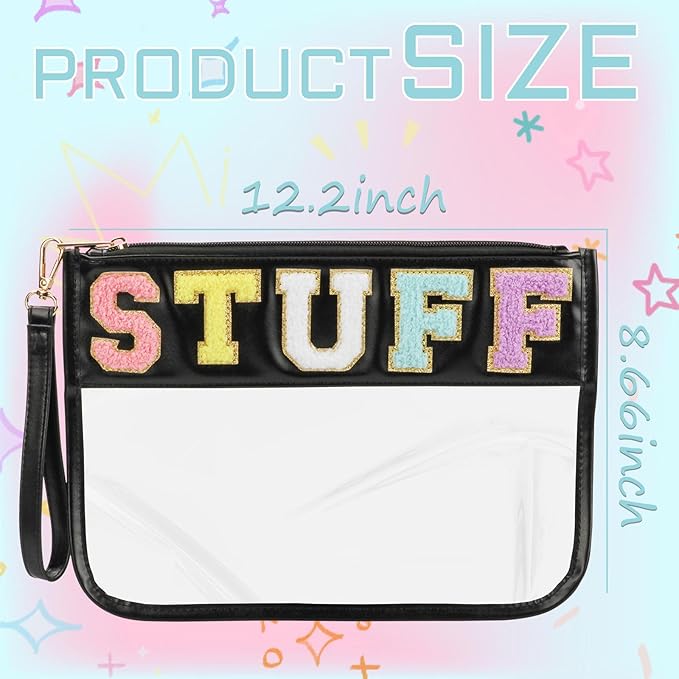 BuyCard Clear Stuff Bag for Travel, Preppy Chenille Letter Embroidered Zipper Pouch, Waterproof PVC & PU Leather Cosmetic Bag, Toiletry Makeup Bag for Women Girls Black