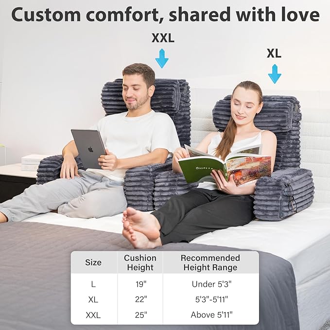 ENITYA Reading Pillow for Sitting in Bed Adult, 24in XXL Back Pillow for Bed Sitting up, Big Pockets & Built-in Arms, Back Support Chair Pillow for Watching TV/Reading/Gaming/Resting/Post Surgery,Grey