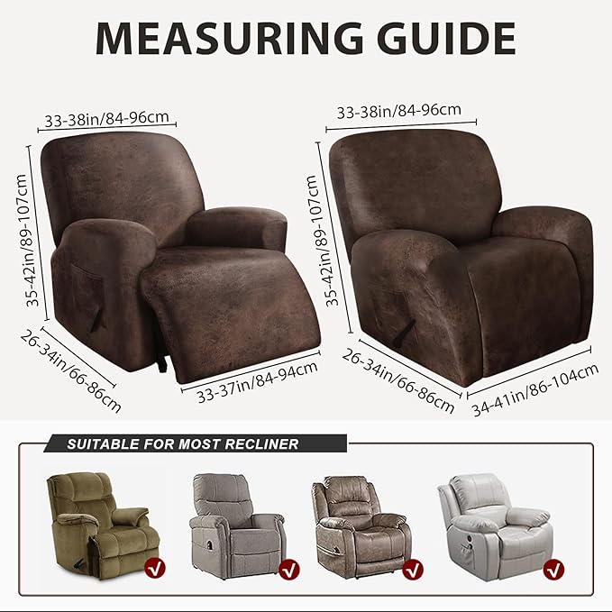 Leather Look Recliner Chair Covers Stay in Place 4-Piece Lazy Boy Recliner Slipcovers for Reclining Chair Furniture Protector Spandex Fabric Washable (X-Large, Dark Brown)