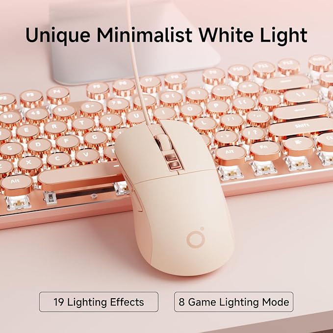 EWEADN Wired Typewriter keyboard and Mouse Combo, Typewriter Style Mechanical Gaming Keyboard,104 Keys Backlit LED Keyboards, Media Control Knob, Wired Keyboard Pink Switch for Windows/Mac/PC-Pink