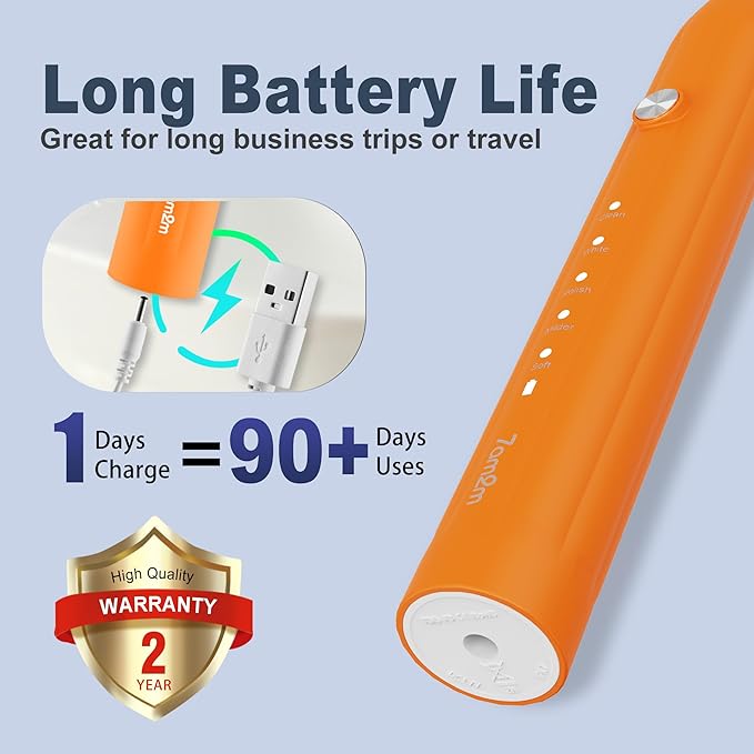 7AM2M Sonic Electric Toothbrush for Adults and Kids, with 8 Brush Heads and Travel Case,5 Modes with 2 Minutes Build in Smart Timer, One Charge Use for 90 Days, Rechargeable Toothbrushes (Orange)
