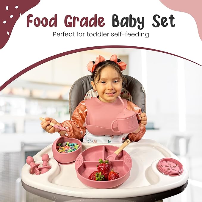 Silicone Baby Feeding Set, Eating Utensils with Suction Plate and Bowl, Baby Led Weaning Supplies, Toddler Self Feeding Dish Set with Waterproof Full Sleeve Bib, Spoon, 10pcs (Pink)