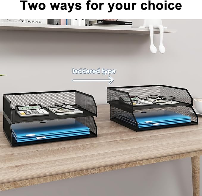 Natwind 2-Tier Stackable Paper Tray, Metal Mesh Desktop Organizer, A4 Paper Sorter, Letter Trays,File Folder Sorter Organizer with Sliding Tray for Home, Office, School (Black)