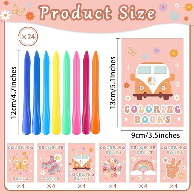48Pcs Bulk Groovy Coloring Books with Crayons Boho Rainbow Coloring Books for Kids Hippie Bus Retro Flowers Pattern DIY Hand Drawing for Boys Girls Groovy Birthday Party Favors