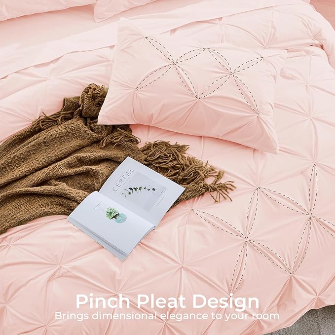 Sasttie King Size Comforter Set, 7-Piece Bed in a Bag, Pintuck Bedding Set for All Season, Includes Comforter, Flat Sheet, Fitted Sheet, Pillowcases and Pillowshams, Blush Pink